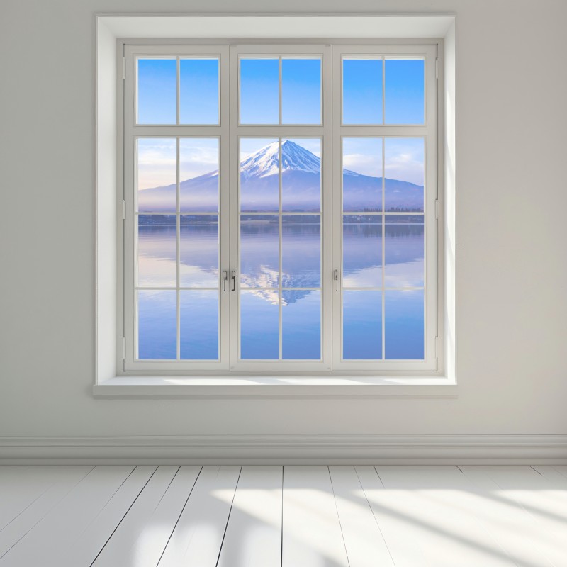Naklejka na okno Góra Fuji poranne odbicie nad jeziorem – Wallissimo® Naklejka na okno Góra Fuji poranne odbicie nad jeziorem – Wallissimo®