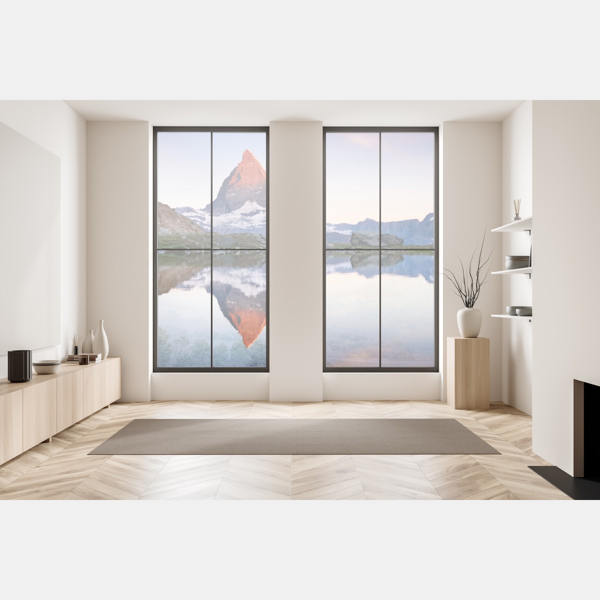 Naklejka na okno Matterhorn o wschodzie słońca nad alpejskim jeziorem – Wallissimo® Naklejka na okno Matterhorn o wschodzie słońca nad alpejskim jeziorem – Wallissimo®