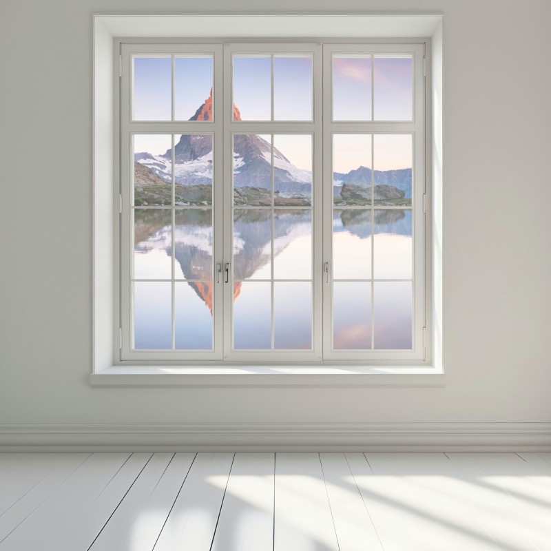 Naklejka na okno Matterhorn o wschodzie słońca nad alpejskim jeziorem – Wallissimo® Naklejka na okno Matterhorn o wschodzie słońca nad alpejskim jeziorem – Wallissimo®