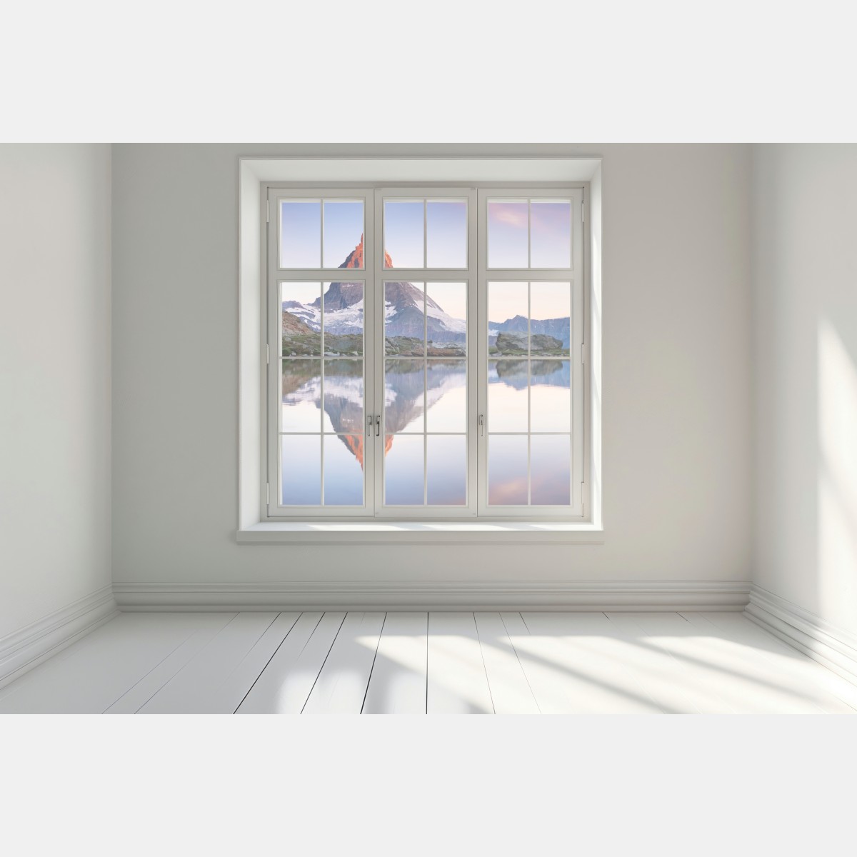 Naklejka na okno Matterhorn o wschodzie słońca nad alpejskim jeziorem – Wallissimo® Naklejka na okno Matterhorn o wschodzie słońca nad alpejskim jeziorem – Wallissimo®