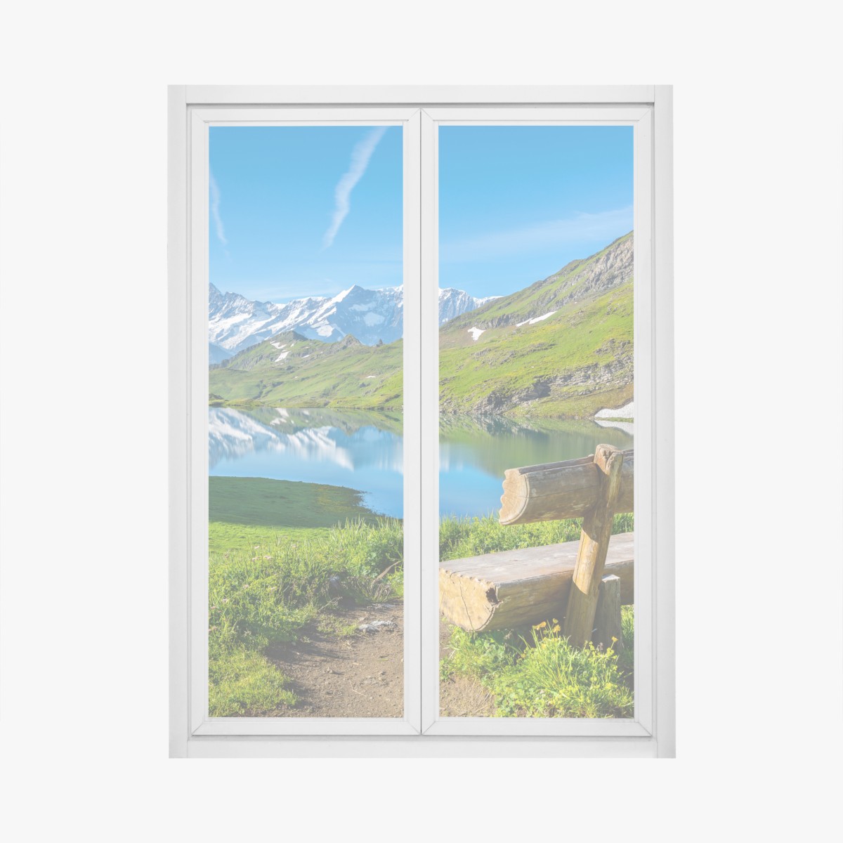 Window decal alpine lake with wooden bench