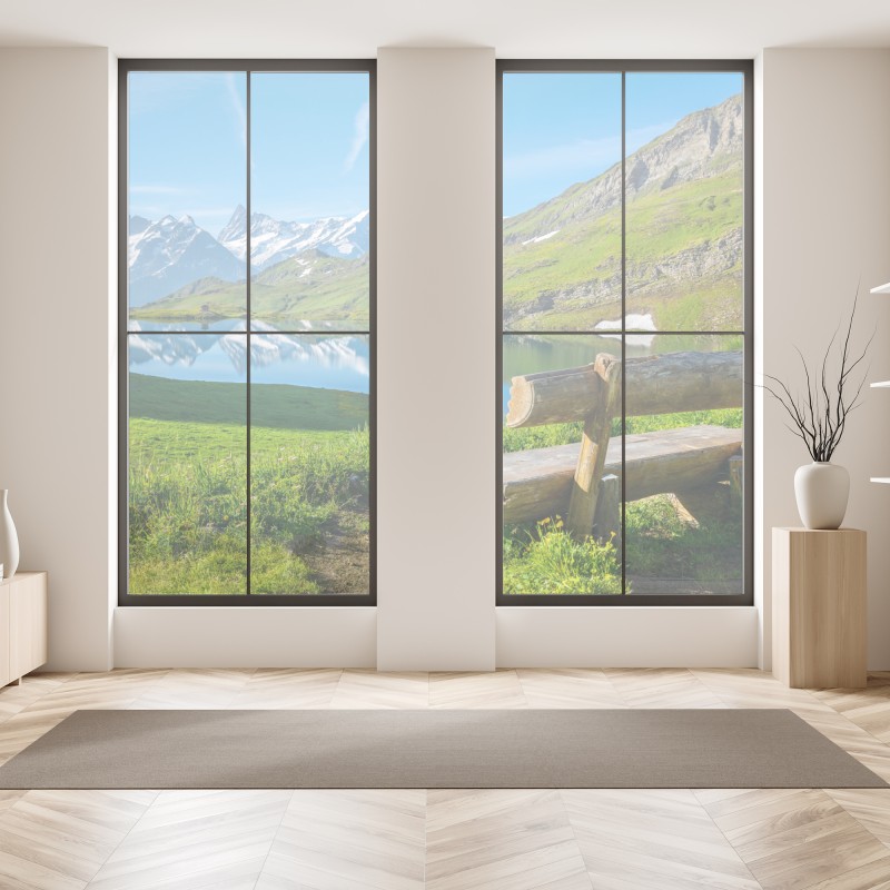 Naklejka na okno alpejskie jezioro z drewnianą ławką