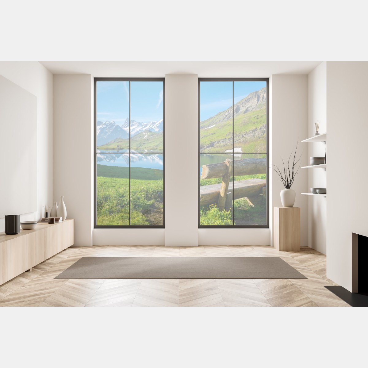 Naklejka na okno alpejskie jezioro z drewnianą ławką – Wallissimo® Naklejka na okno alpejskie jezioro z drewnianą ławką – Wallissimo®