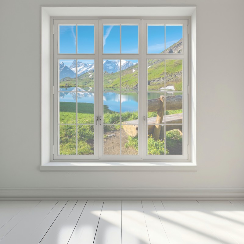 Naklejka na okno alpejskie jezioro z drewnianą ławką – Wallissimo® Naklejka na okno alpejskie jezioro z drewnianą ławką – Wallissimo®