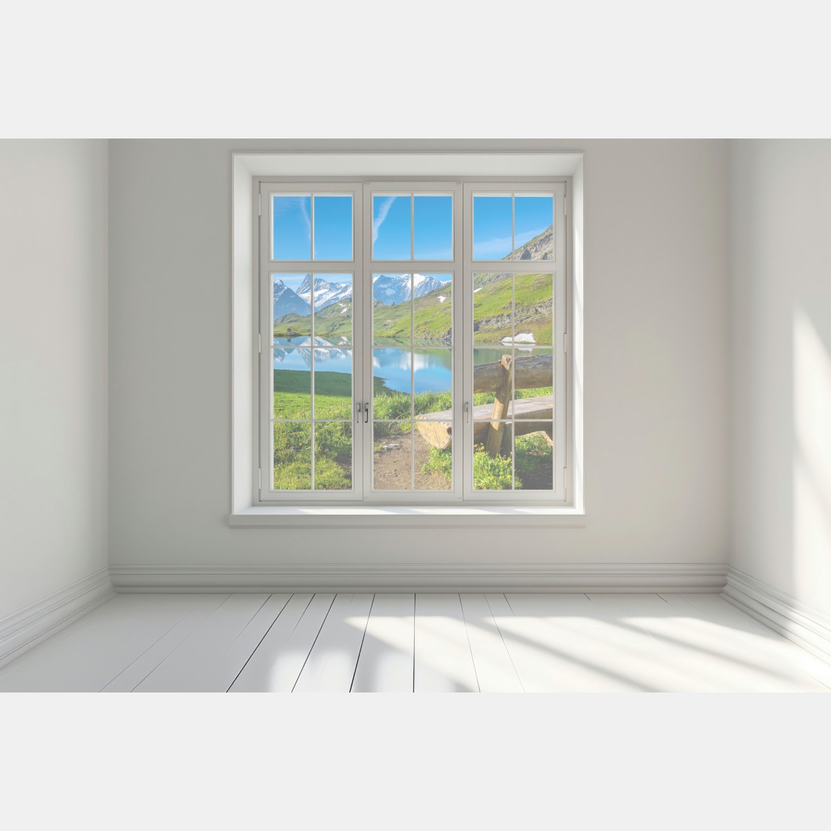 Naklejka na okno alpejskie jezioro z drewnianą ławką – Wallissimo® Naklejka na okno alpejskie jezioro z drewnianą ławką – Wallissimo®