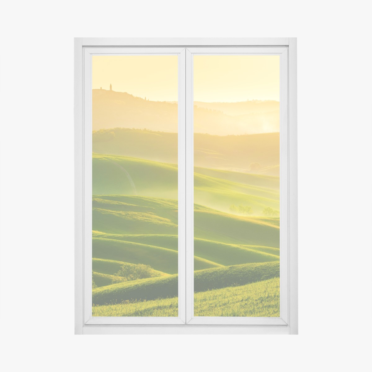 Window decal golden sunrise over rolling green hills