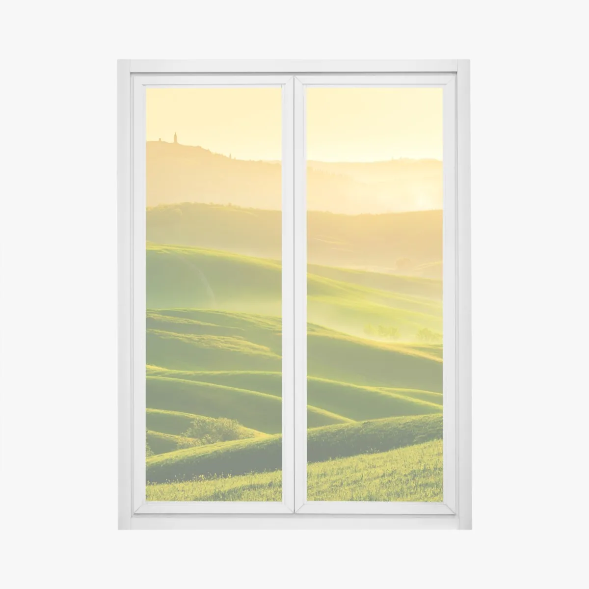 Naklejka na okno złoty wschód słońca nad zielonymi falującymi wzgórzami – Wallissimo® Naklejka na okno złoty wschód słońca nad zielonymi falującymi wzgórzami – Wallissimo®