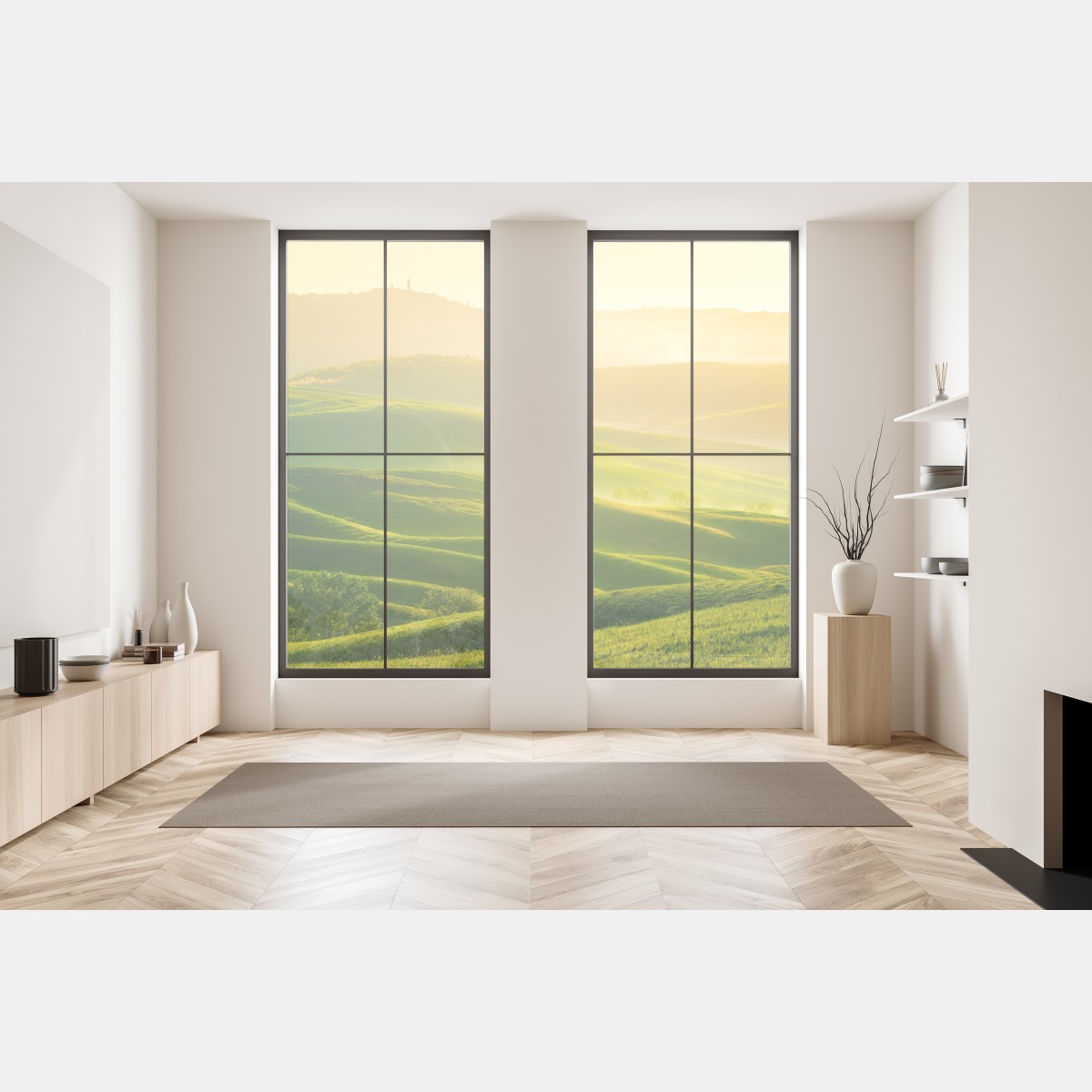 Naklejka na okno złoty wschód słońca nad zielonymi falującymi wzgórzami – Wallissimo® Naklejka na okno złoty wschód słońca nad zielonymi falującymi wzgórzami – Wallissimo®