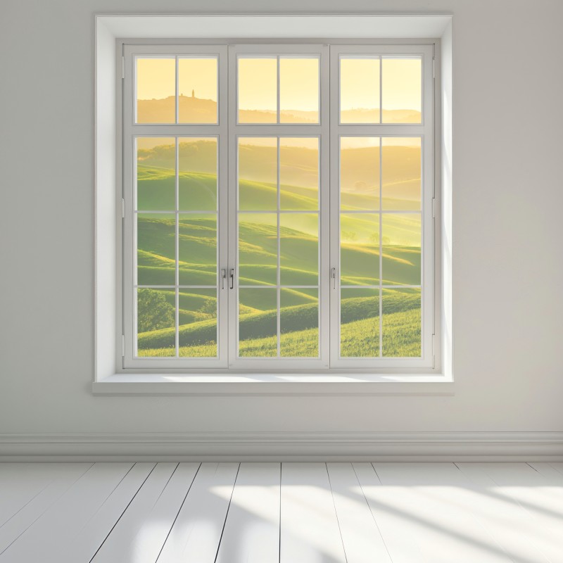 Naklejka na okno złoty wschód słońca nad zielonymi falującymi wzgórzami – Wallissimo® Naklejka na okno złoty wschód słońca nad zielonymi falującymi wzgórzami – Wallissimo®