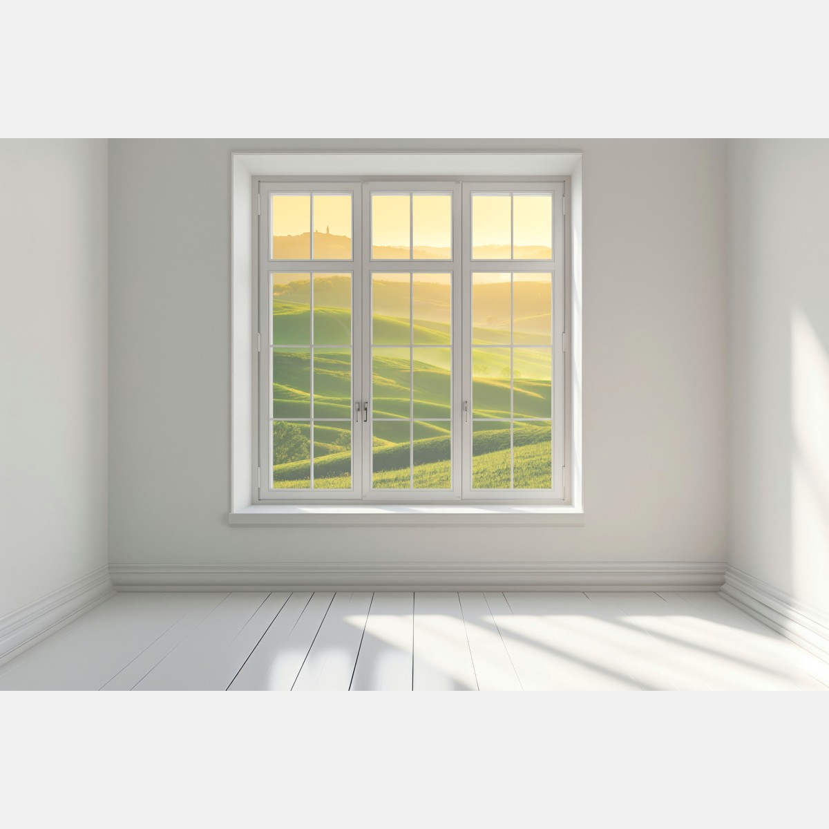 Naklejka na okno złoty wschód słońca nad zielonymi falującymi wzgórzami – Wallissimo® Naklejka na okno złoty wschód słońca nad zielonymi falującymi wzgórzami – Wallissimo®