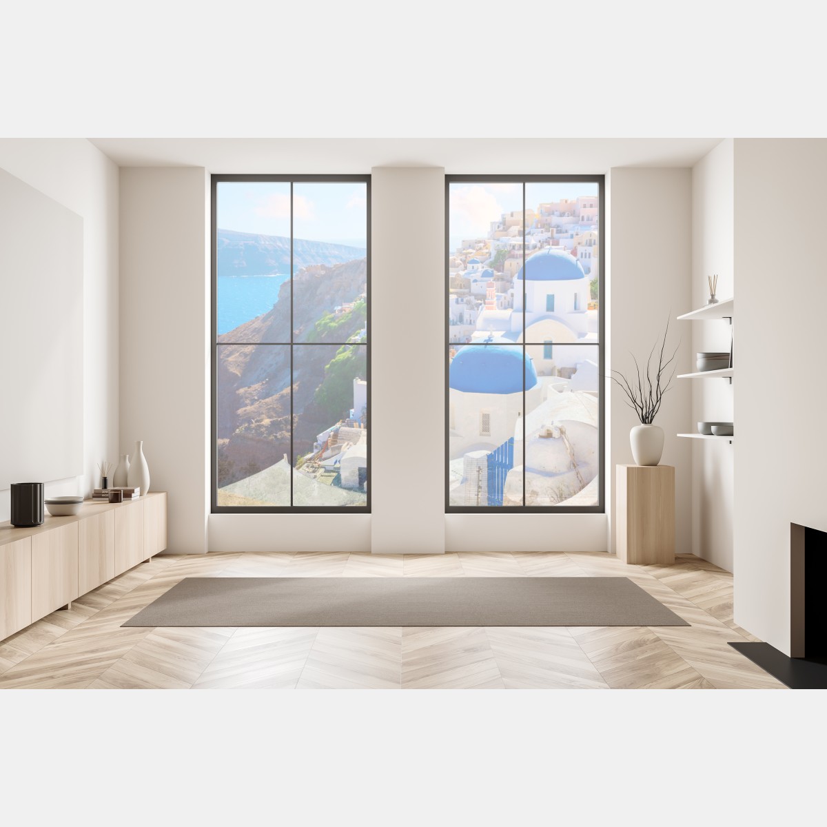 Naklejka na okno Santorini niebieskie kopuły i białe domy – Wallissimo® Naklejka na okno Santorini niebieskie kopuły i białe domy – Wallissimo®