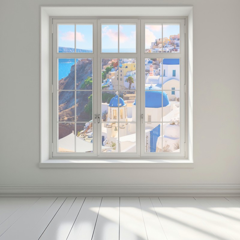Naklejka na okno Santorini niebieskie kopuły i białe domy – Wallissimo® Naklejka na okno Santorini niebieskie kopuły i białe domy – Wallissimo®