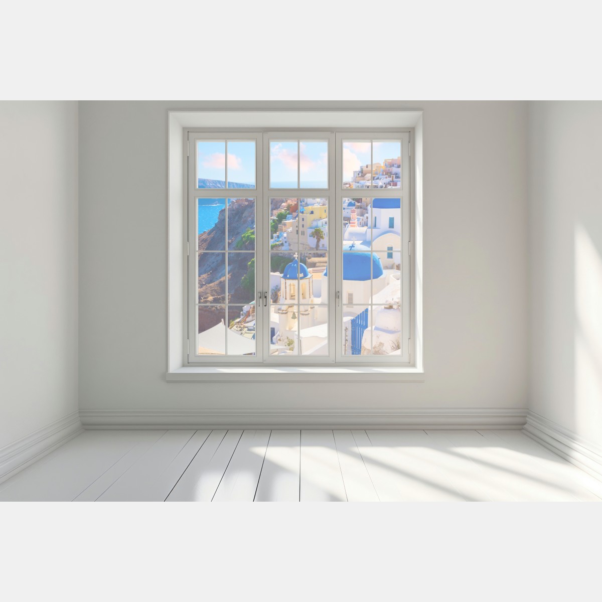 Naklejka na okno Santorini niebieskie kopuły i białe domy – Wallissimo® Naklejka na okno Santorini niebieskie kopuły i białe domy – Wallissimo®