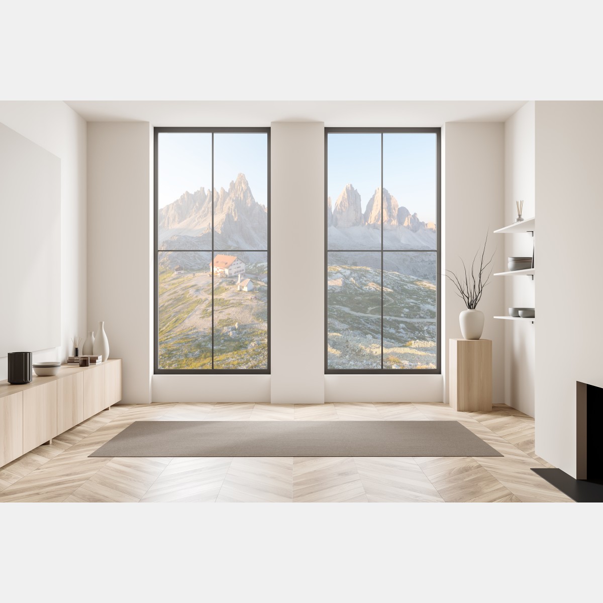 Naklejka na okno oświetlone słońcem schronisko w górach – Wallissimo® Naklejka na okno oświetlone słońcem schronisko w górach – Wallissimo®