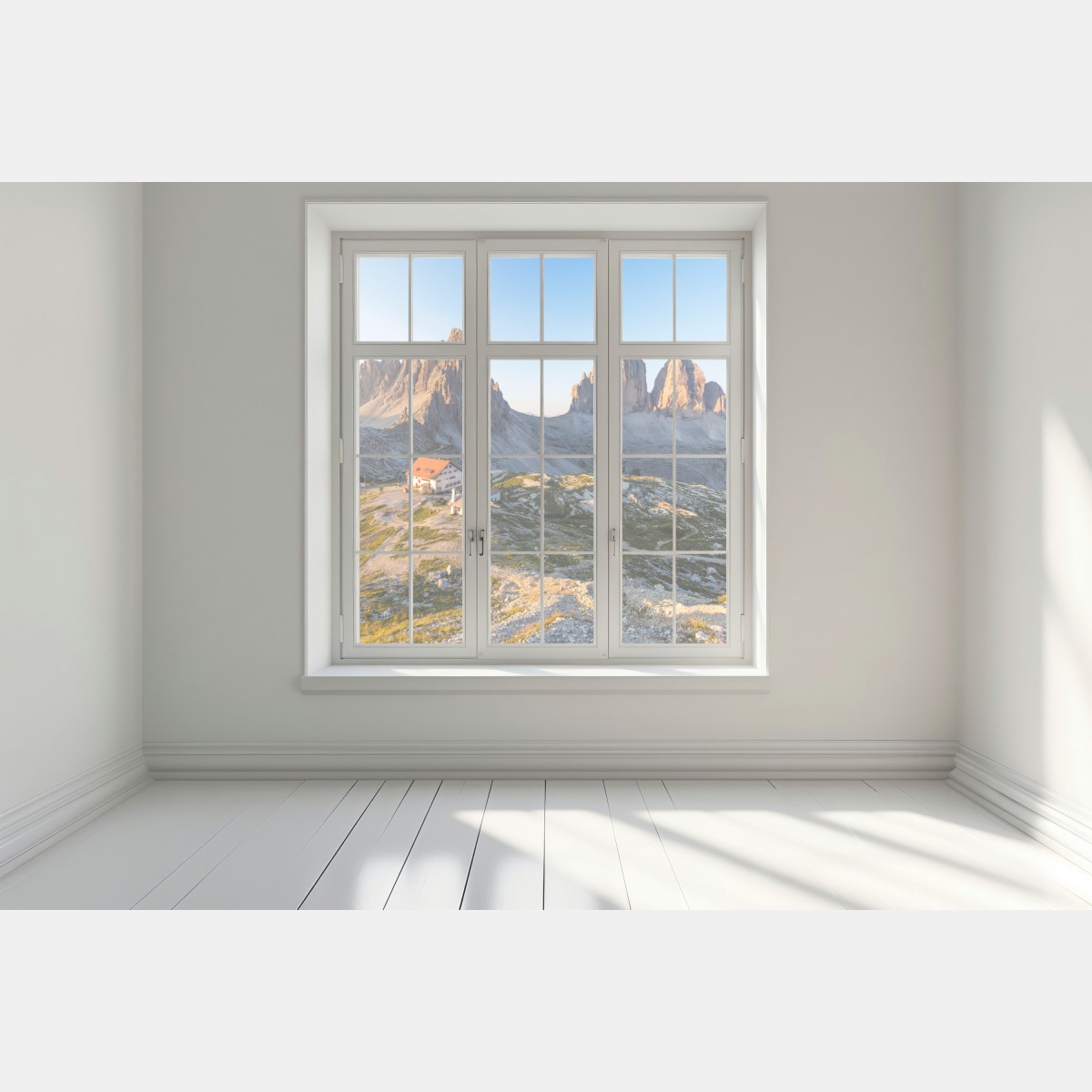 Naklejka na okno oświetlone słońcem schronisko w górach – Wallissimo® Naklejka na okno oświetlone słońcem schronisko w górach – Wallissimo®