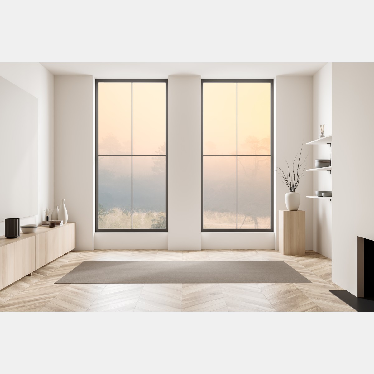 Naklejka na okno senny wschód słońca nad mglistym torfowiskiem – Wallissimo® Naklejka na okno senny wschód słońca nad mglistym torfowiskiem – Wallissimo®