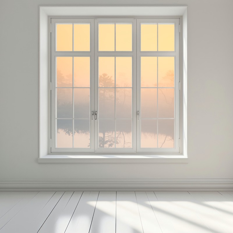 Naklejka na okno senny wschód słońca nad mglistym torfowiskiem – Wallissimo® Naklejka na okno senny wschód słońca nad mglistym torfowiskiem – Wallissimo®