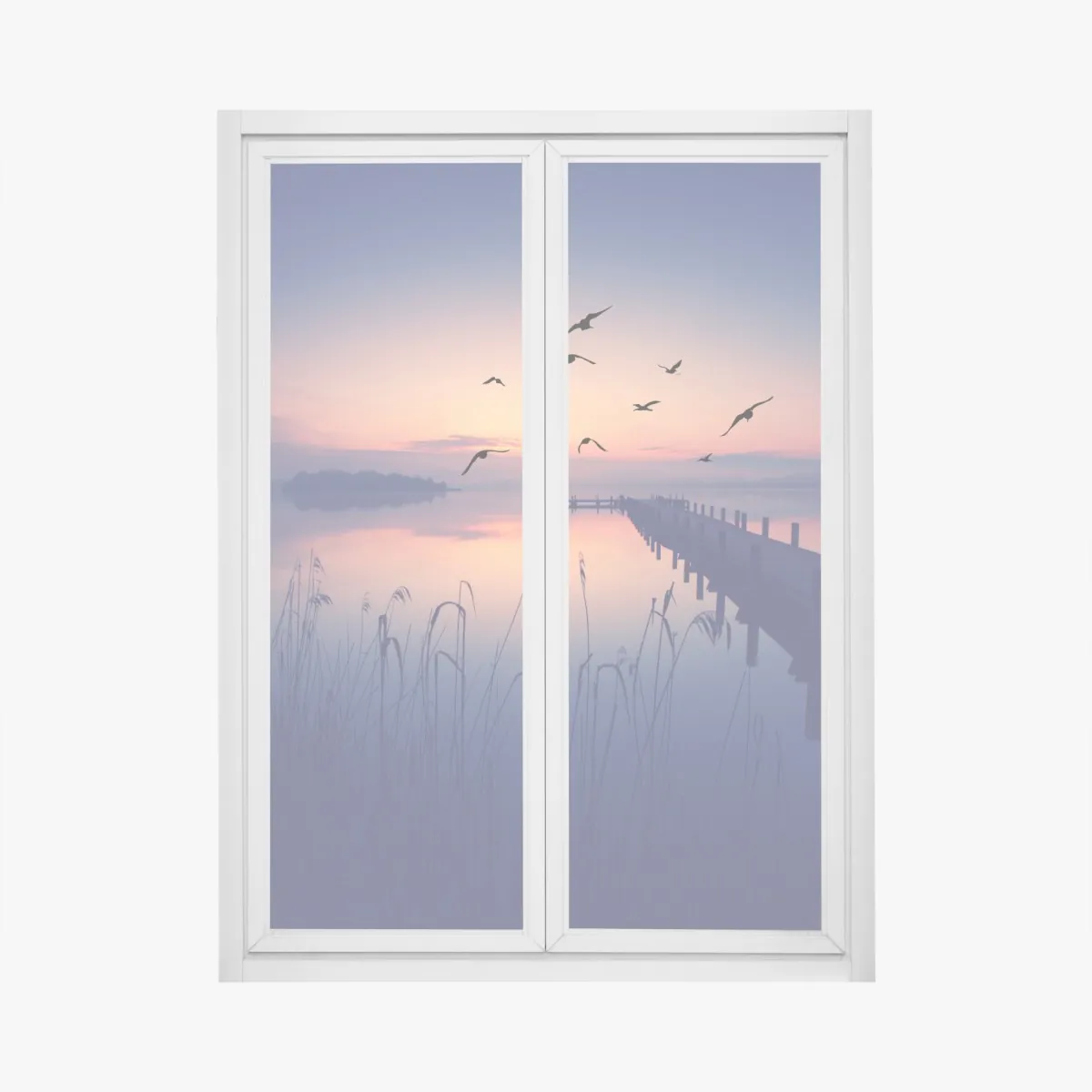 Naklejka na okno spokojny wschód nad jeziorem z ptakami – Wallissimo® Naklejka na okno spokojny wschód nad jeziorem z ptakami – Wallissimo®