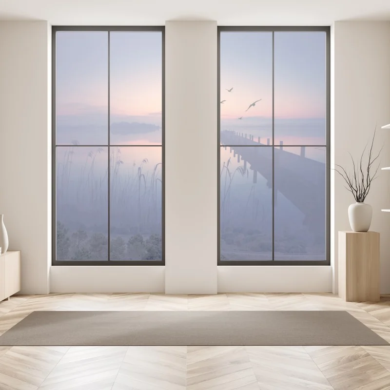 Naklejka na okno spokojny wschód nad jeziorem z ptakami – Wallissimo® Naklejka na okno spokojny wschód nad jeziorem z ptakami – Wallissimo®