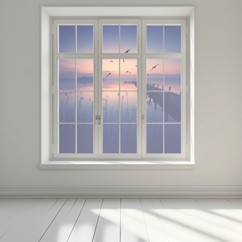 Naklejka na okno spokojny wschód nad jeziorem z ptakami – Wallissimo® Naklejka na okno spokojny wschód nad jeziorem z ptakami – Wallissimo®