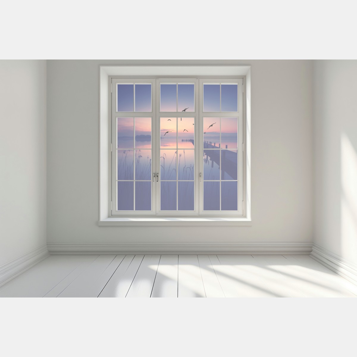 Naklejka na okno spokojny wschód nad jeziorem z ptakami – Wallissimo® Naklejka na okno spokojny wschód nad jeziorem z ptakami – Wallissimo®