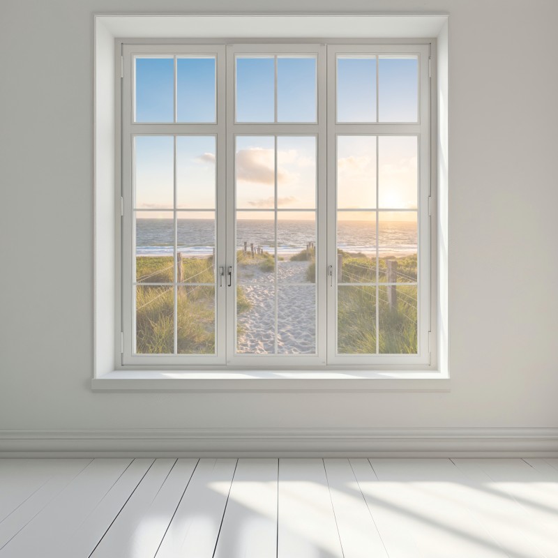 Naklejka na okno słoneczna ścieżka na plażę nad oceanem – Wallissimo® Naklejka na okno słoneczna ścieżka na plażę nad oceanem – Wallissimo®