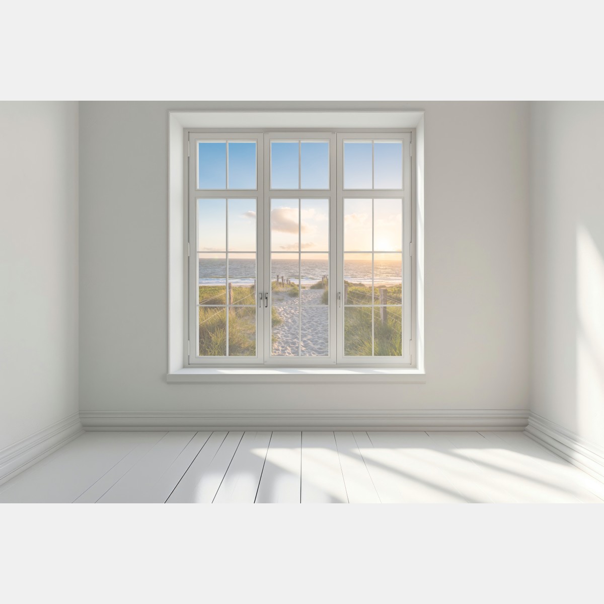 Naklejka na okno słoneczna ścieżka na plażę nad oceanem – Wallissimo® Naklejka na okno słoneczna ścieżka na plażę nad oceanem – Wallissimo®