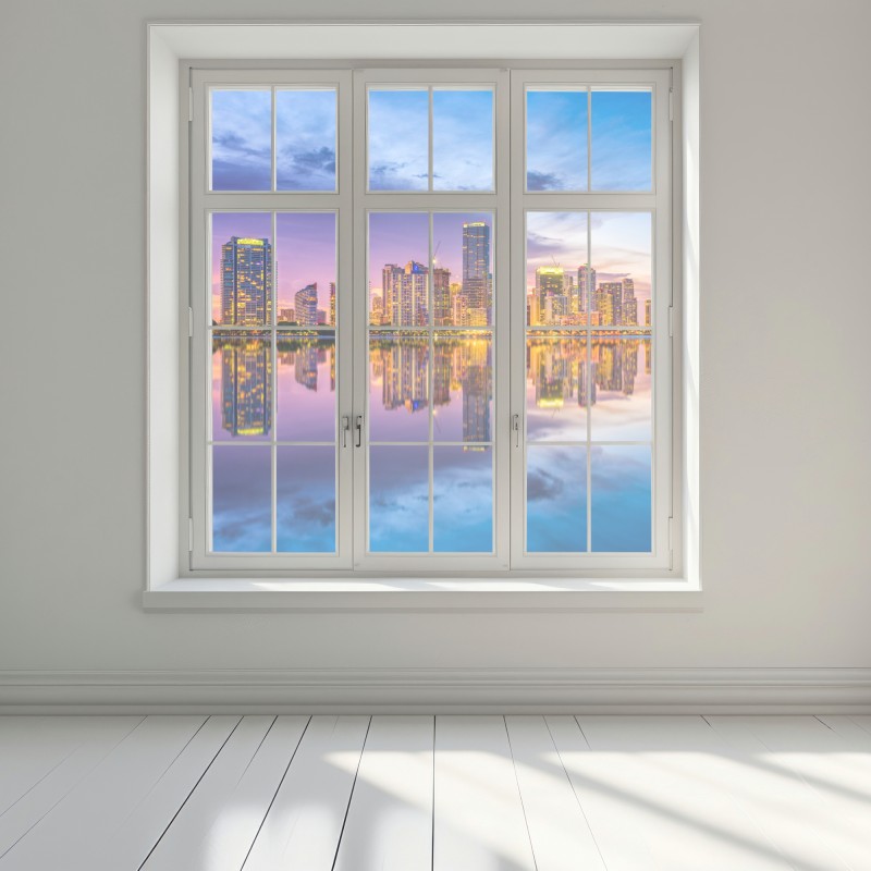 Naklejka na okno Miami panorama odbita w Biscayne Bay – Wallissimo® Naklejka na okno Miami panorama odbita w Biscayne Bay – Wallissimo®