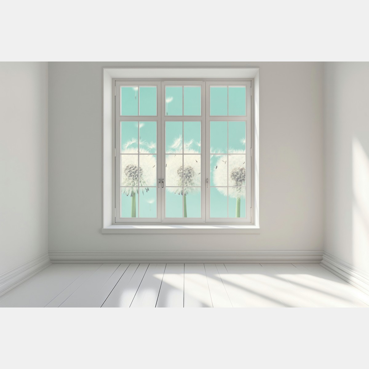 Naklejka na okno trzy dmuchawce na turkusowym tle – Wallissimo® Naklejka na okno trzy dmuchawce na turkusowym tle – Wallissimo®