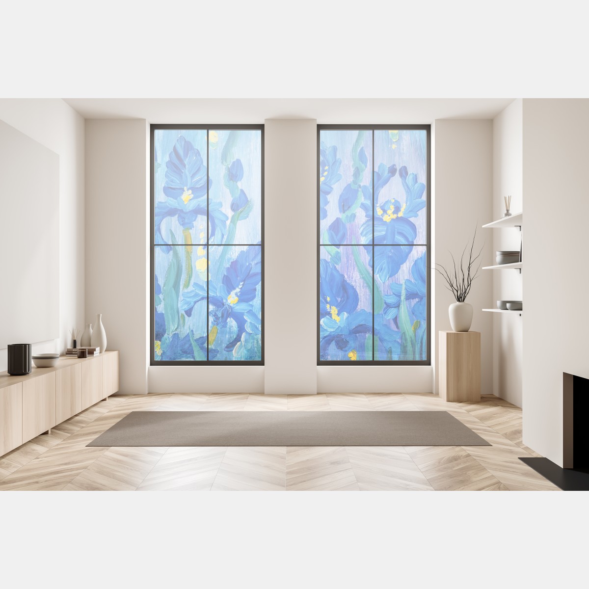 Naklejka na okno żywy niebieski bukiet irysów – Wallissimo® Naklejka na okno żywy niebieski bukiet irysów – Wallissimo®