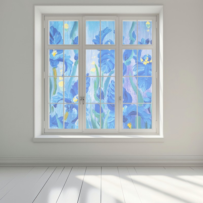 Naklejka na okno żywy niebieski bukiet irysów – Wallissimo® Naklejka na okno żywy niebieski bukiet irysów – Wallissimo®