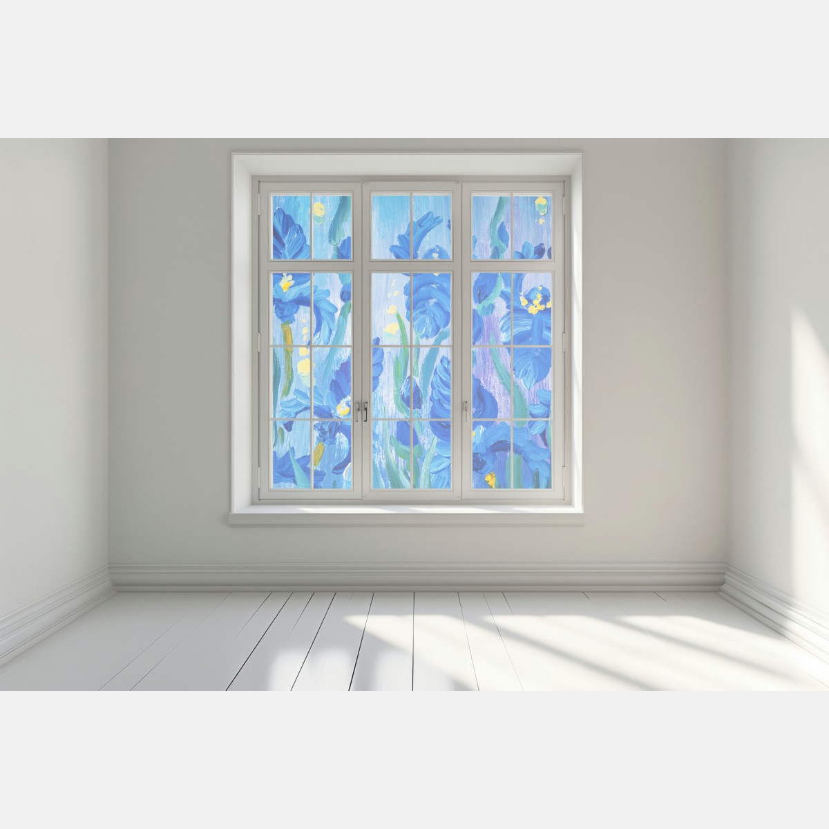 Naklejka na okno żywy niebieski bukiet irysów – Wallissimo® Naklejka na okno żywy niebieski bukiet irysów – Wallissimo®