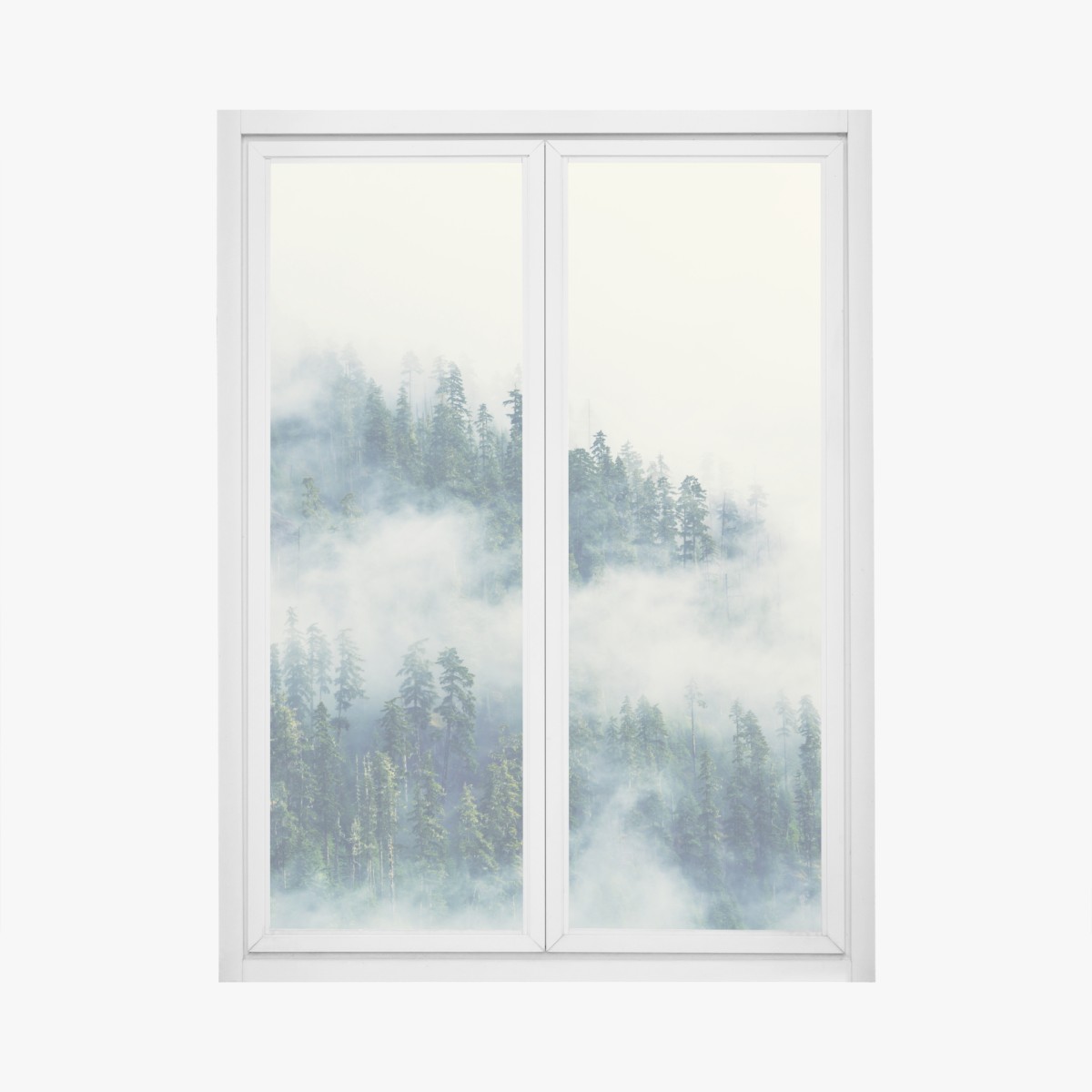 Window decal misty evergreen forest