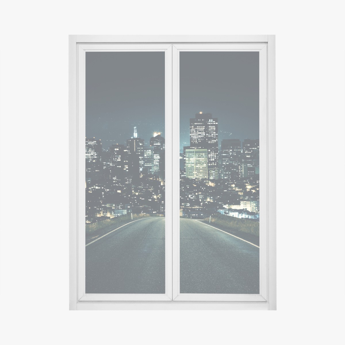 Window decal road to illuminated city skyline at night