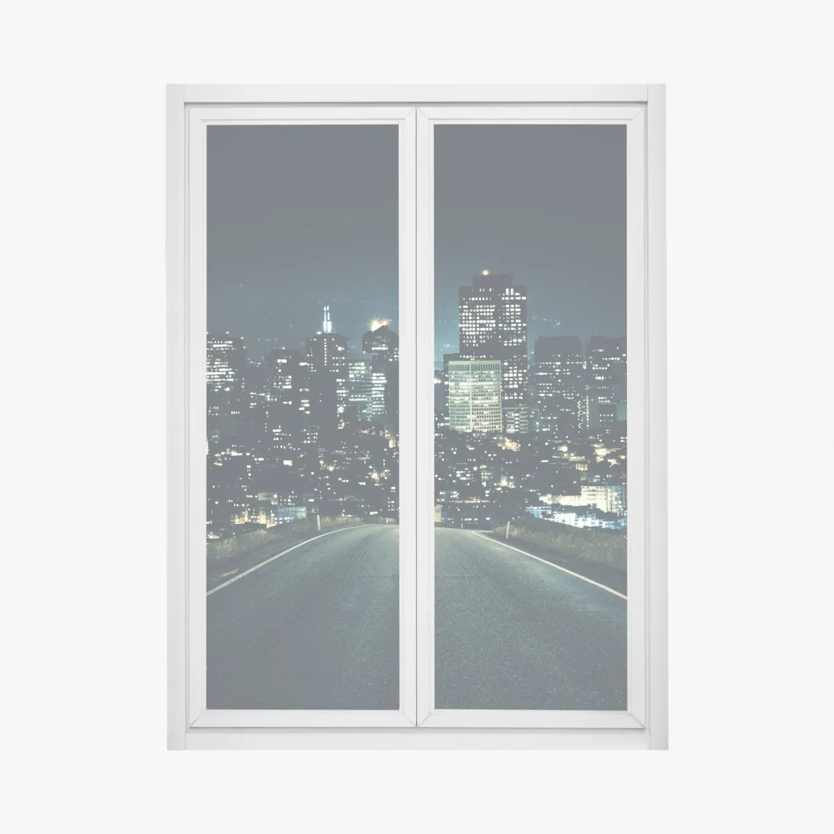 Naklejka na okno droga prowadząca do oświetlonej panoramy miasta nocą – Wallissimo® Naklejka na okno droga prowadząca do oświetlonej panoramy miasta nocą – Wallissimo®