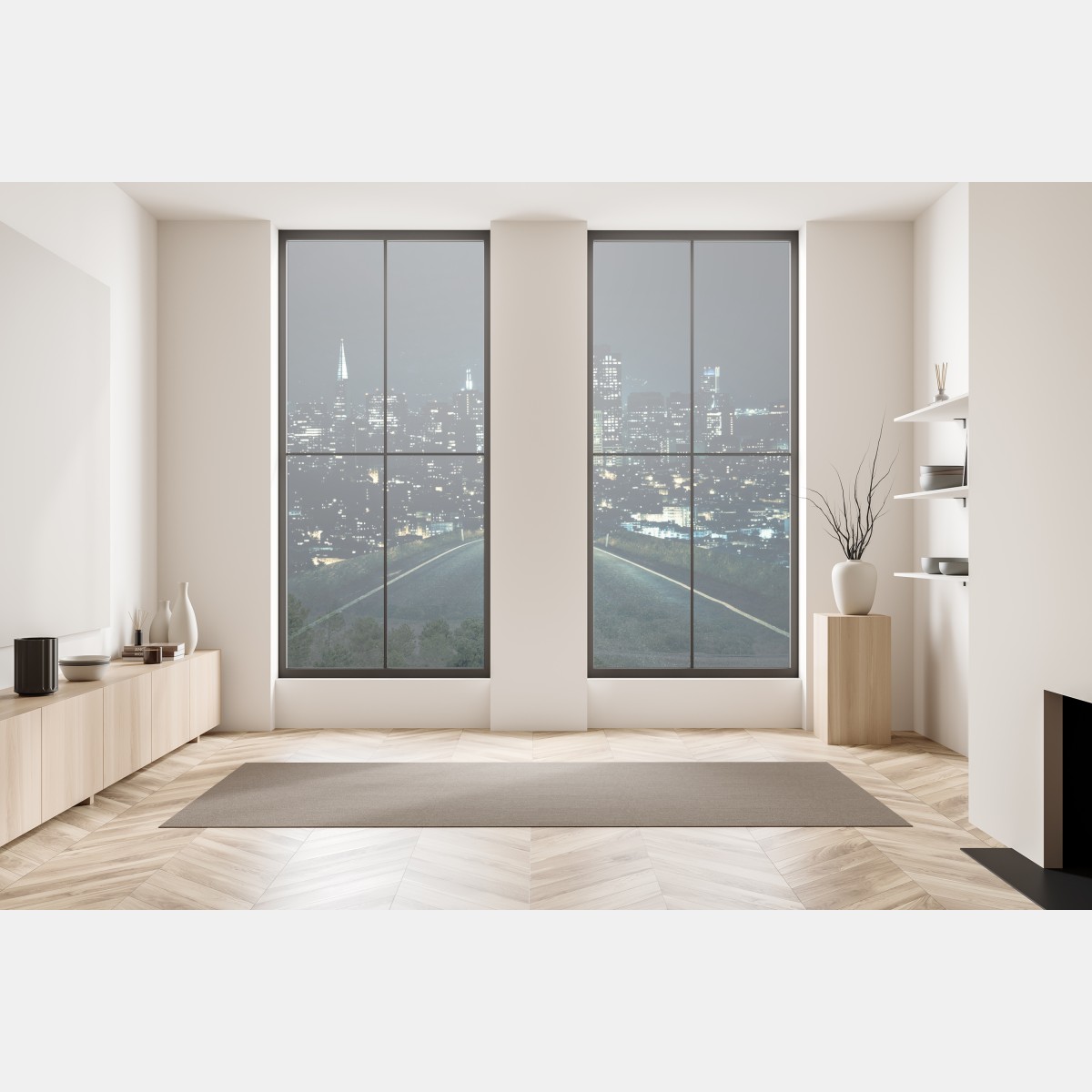 Naklejka na okno droga prowadząca do oświetlonej panoramy miasta nocą – Wallissimo® Naklejka na okno droga prowadząca do oświetlonej panoramy miasta nocą – Wallissimo®