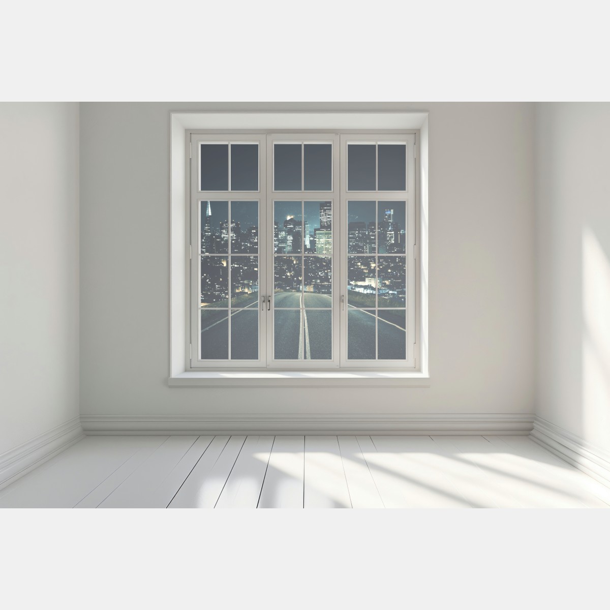 Naklejka na okno droga prowadząca do oświetlonej panoramy miasta nocą – Wallissimo® Naklejka na okno droga prowadząca do oświetlonej panoramy miasta nocą – Wallissimo®