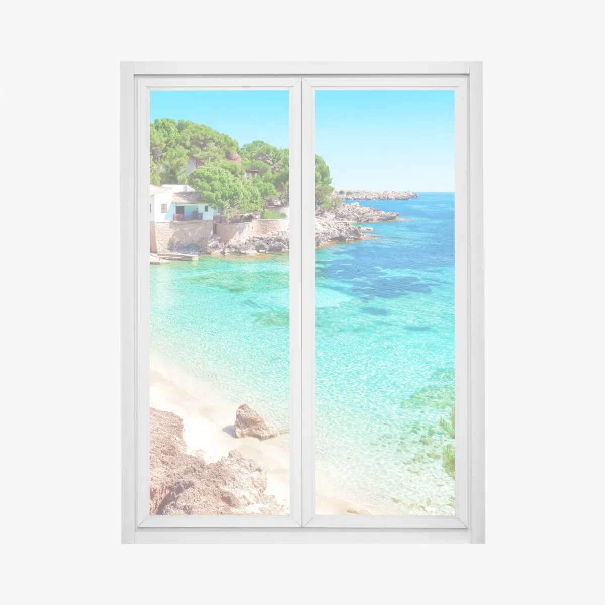 Naklejka na okno spokojna zatoka śródziemnomorska z turkusowymi wodami – Wallissimo® Naklejka na okno spokojna zatoka śródziemnomorska z turkusowymi wodami – Wallissimo®