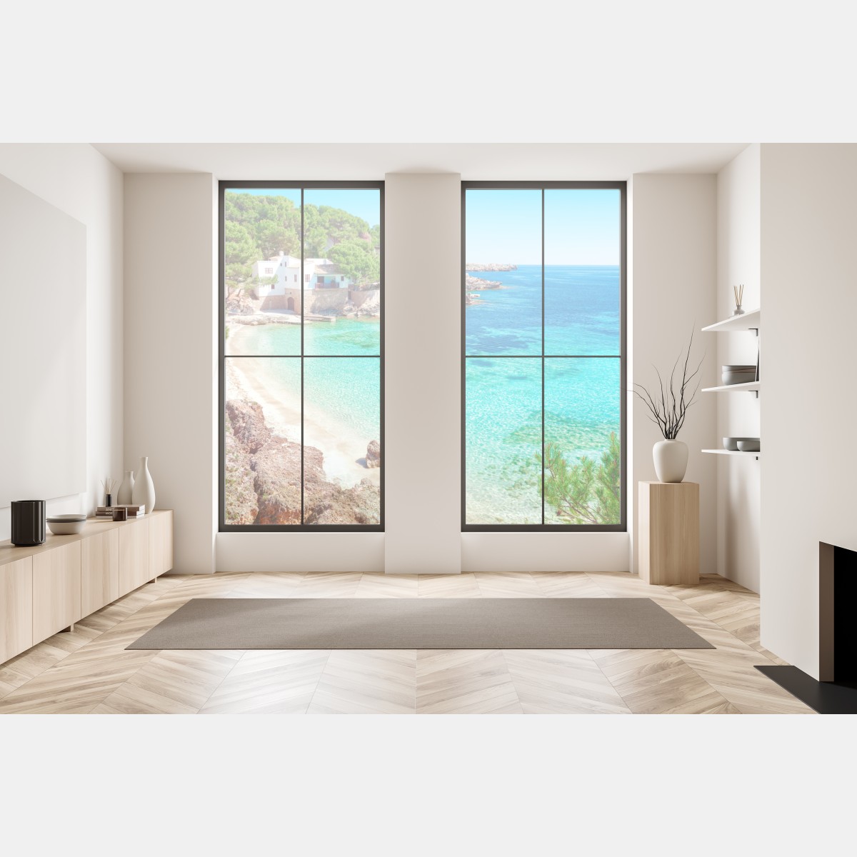 Naklejka na okno spokojna zatoka śródziemnomorska z turkusowymi wodami – Wallissimo® Naklejka na okno spokojna zatoka śródziemnomorska z turkusowymi wodami – Wallissimo®