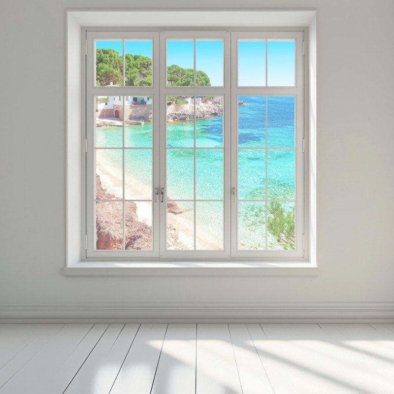 Naklejka na okno spokojna zatoka śródziemnomorska z turkusowymi wodami – Wallissimo® Naklejka na okno spokojna zatoka śródziemnomorska z turkusowymi wodami – Wallissimo®