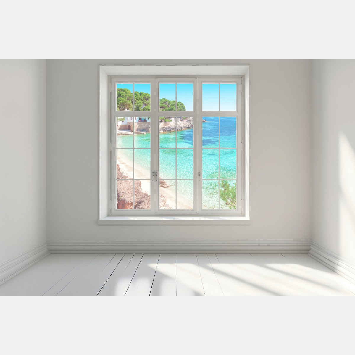 Naklejka na okno spokojna zatoka śródziemnomorska z turkusowymi wodami – Wallissimo® Naklejka na okno spokojna zatoka śródziemnomorska z turkusowymi wodami – Wallissimo®