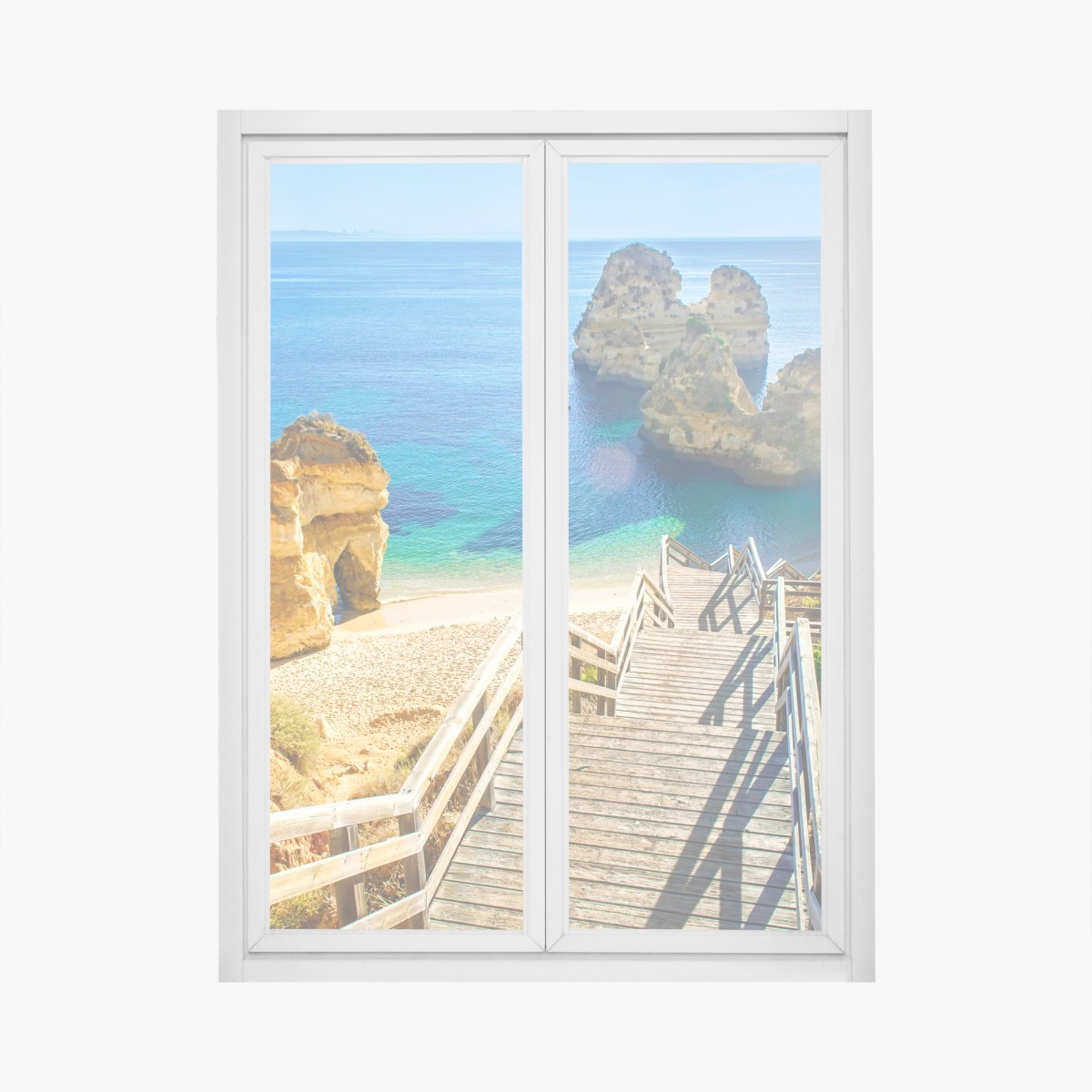 Window decal sunlit coastal steps to a turquoise cove