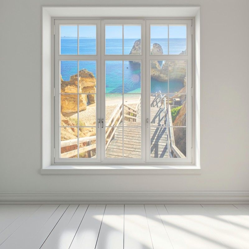 Naklejka na okno słoneczne schody prowadzące do turkusowej zatoczki – Wallissimo® Naklejka na okno słoneczne schody prowadzące do turkusowej zatoczki – Wallissimo®