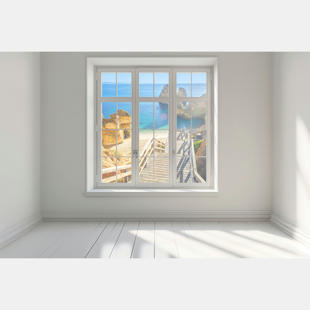 Naklejka na okno słoneczne schody prowadzące do turkusowej zatoczki – Wallissimo® Naklejka na okno słoneczne schody prowadzące do turkusowej zatoczki – Wallissimo®
