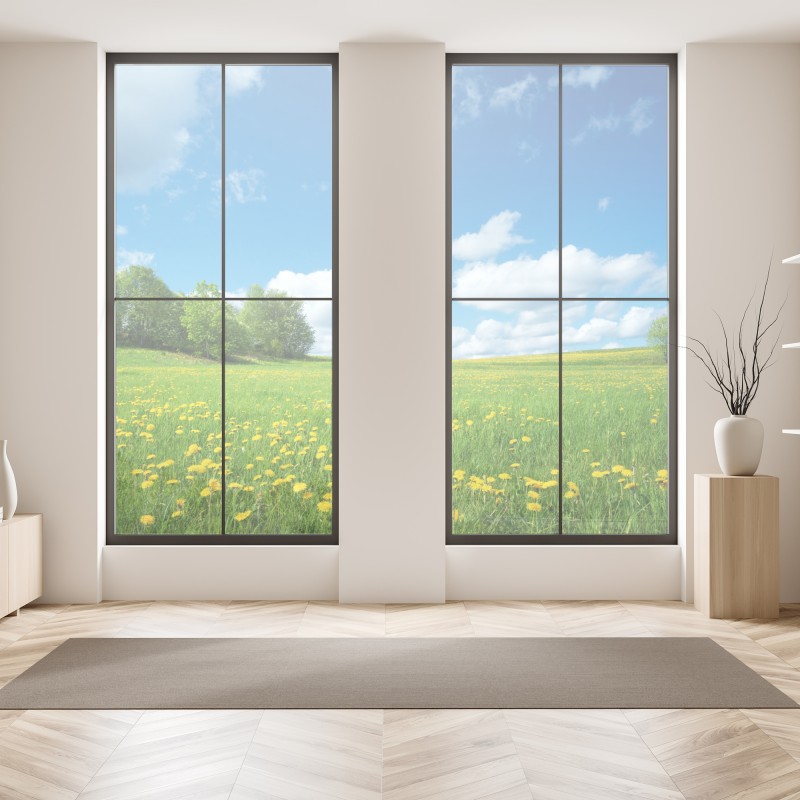 Naklejka na okno słoneczna łąka z mniszkami i błękitnym niebem – Wallissimo® Naklejka na okno słoneczna łąka z mniszkami i błękitnym niebem – Wallissimo®