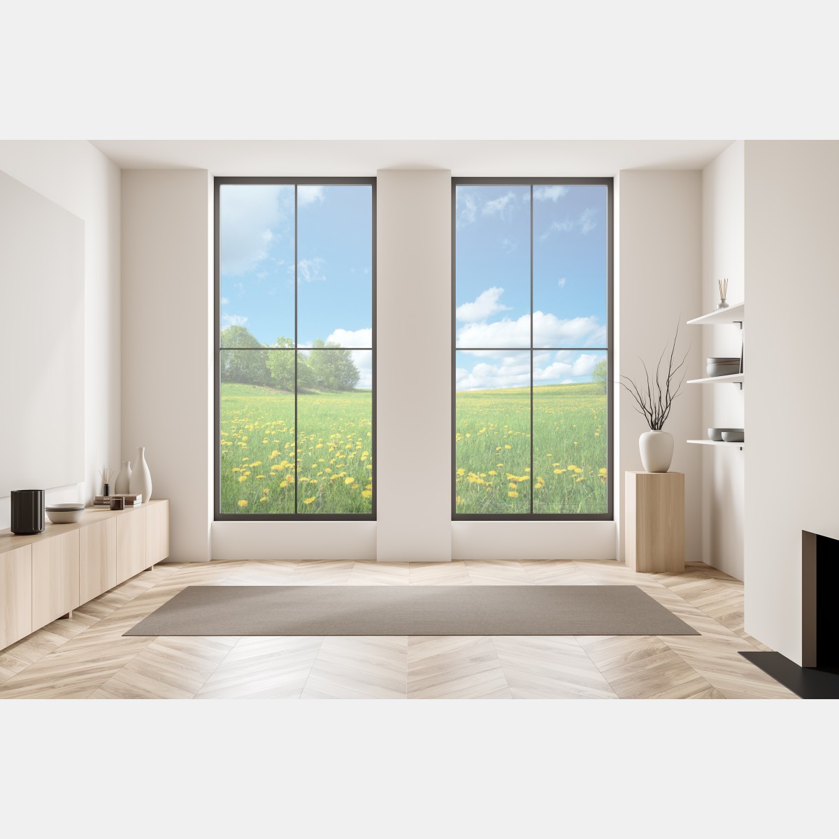 Naklejka na okno słoneczna łąka z mniszkami i błękitnym niebem – Wallissimo® Naklejka na okno słoneczna łąka z mniszkami i błękitnym niebem – Wallissimo®