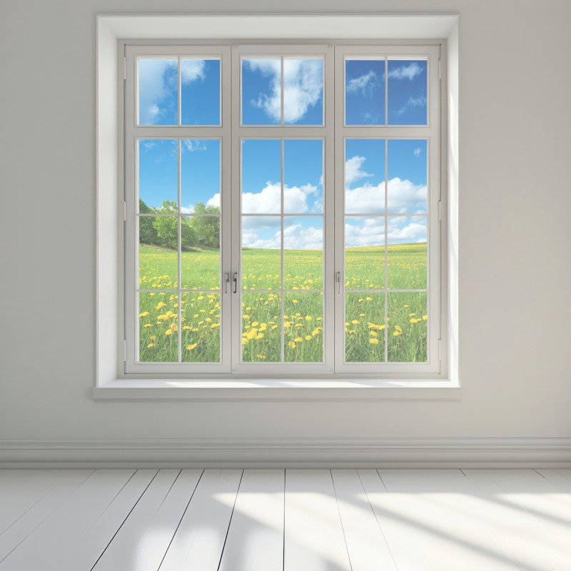 Naklejka na okno słoneczna łąka z mniszkami i błękitnym niebem – Wallissimo® Naklejka na okno słoneczna łąka z mniszkami i błękitnym niebem – Wallissimo®