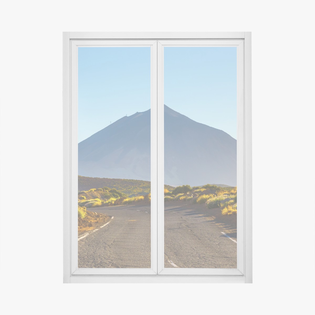 Window decal sunlit mountain road leading to a volcanic peak