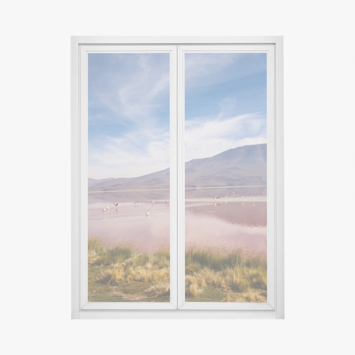 Window decal pink lagoon with flamingos and mountain reflection