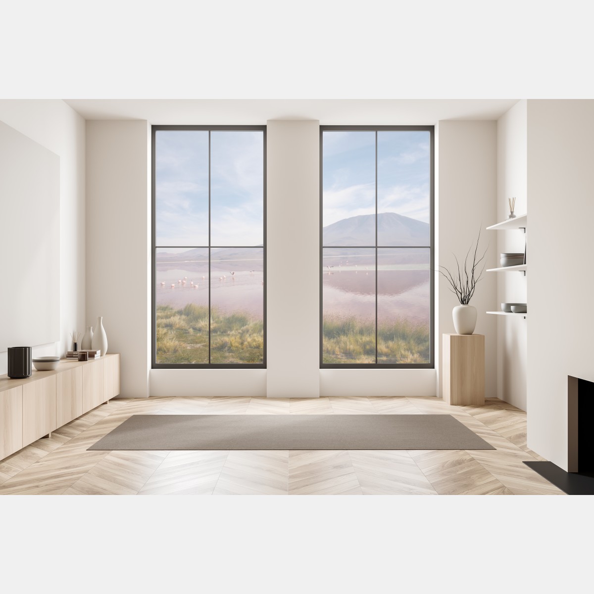 Naklejka na okno różowa laguna z flamingami i odbiciem gór – Wallissimo® Naklejka na okno różowa laguna z flamingami i odbiciem gór – Wallissimo®